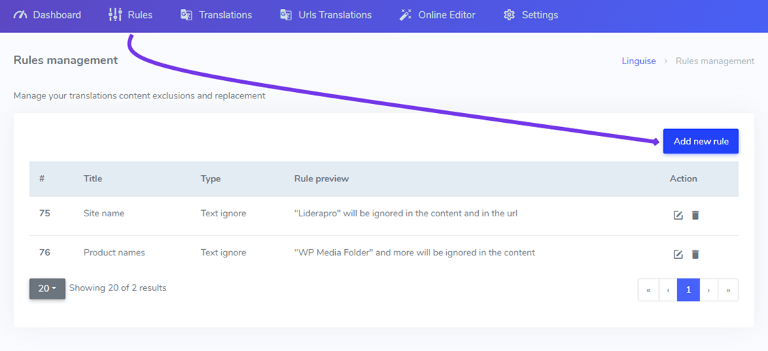 Screenshot of rules management page. A table with rules.
