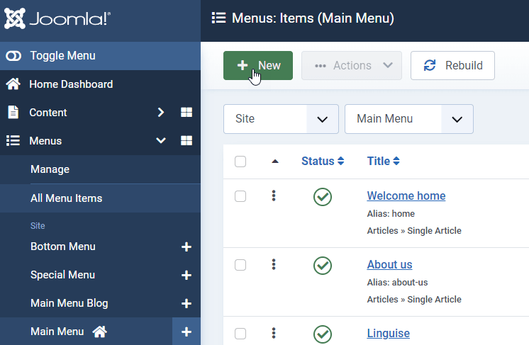 Menu items management page in Joomla