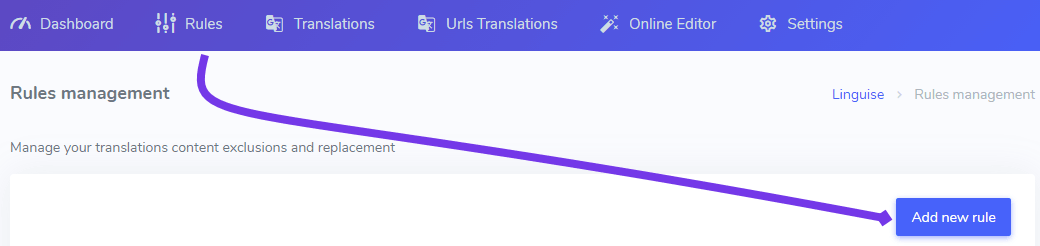 Rules management settings page. Manage your translation rules effectively.