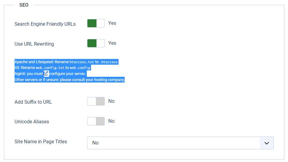 SEO settings panel with options for URL rewriting and search engine friendly URLs
