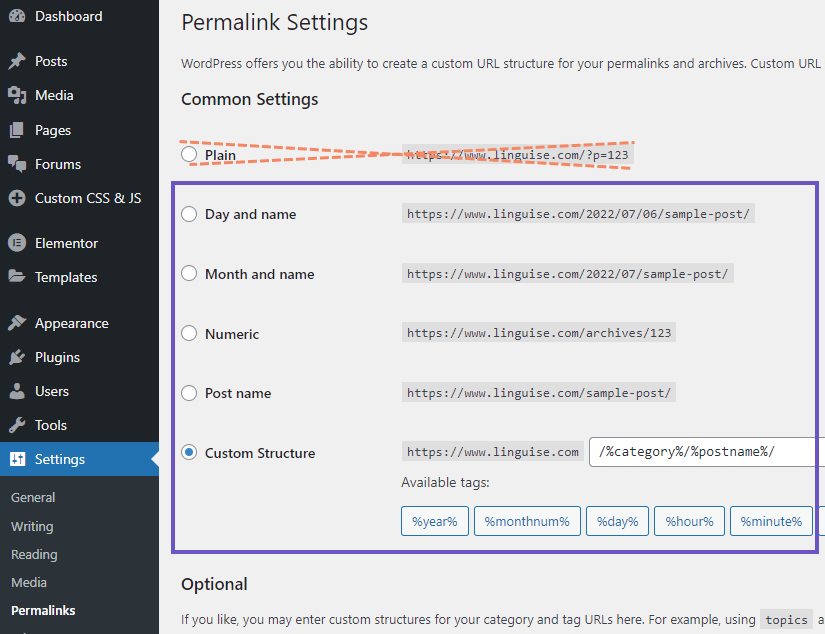 WordPress permalink settings page showing custom structure options