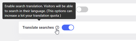 A toggle switch with a tooltip about search translation