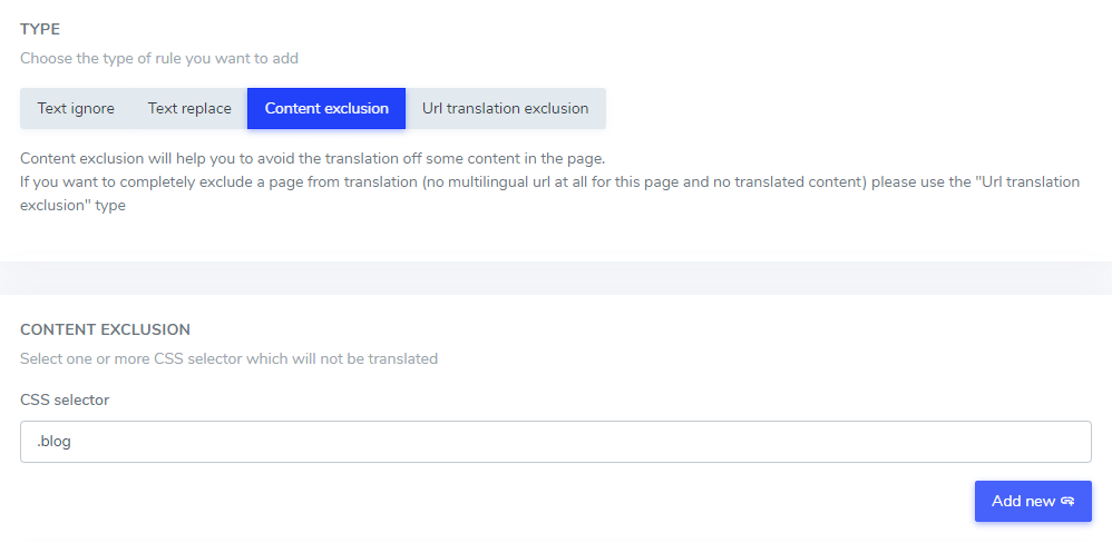 Settings for excluding content from translation