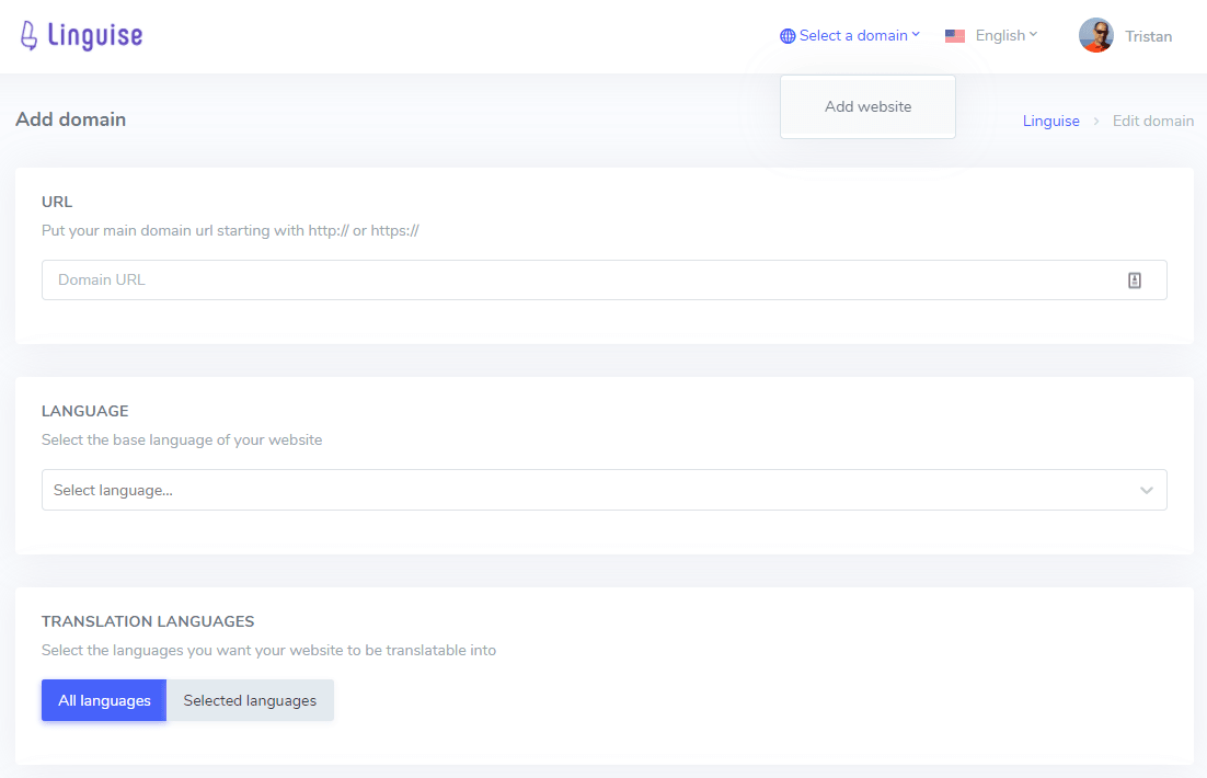 LinguaSite interface for setting domain and language