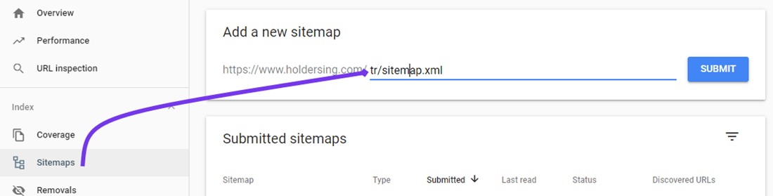 Google Search Console interface for sitemap submission.