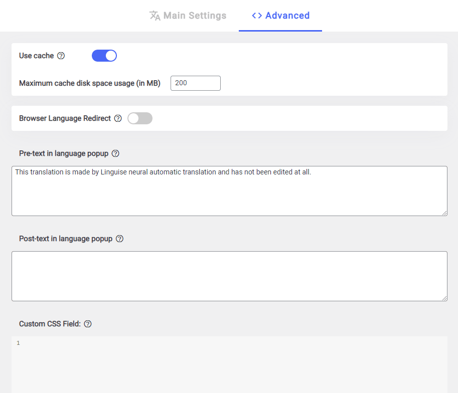 A screenshot of a settings page for cache and language
