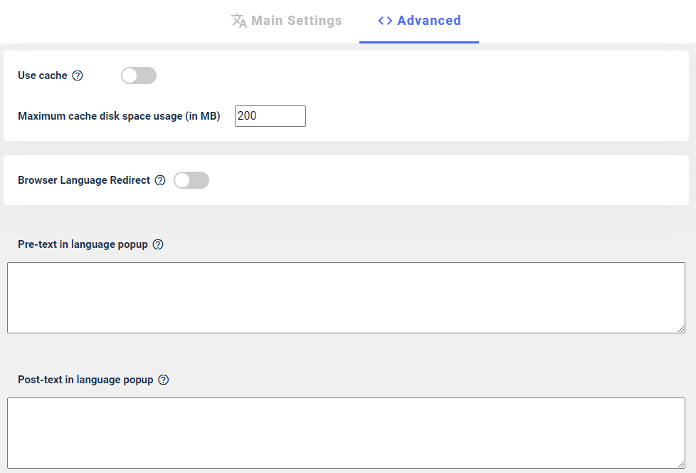 A screenshot of advanced settings page with various options