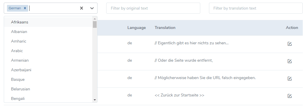 Translation interface showing a table with columns