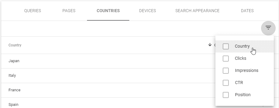 Country services filter options menu.