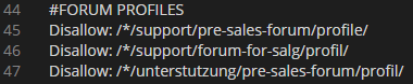 A list of disallowed forum profile URLs