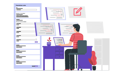 A man working on computer surrounded by documents. He is sitting at a purple desk.