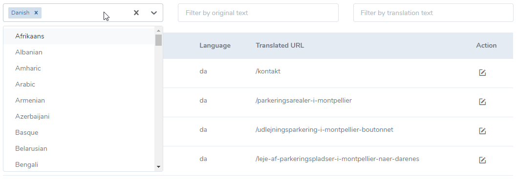 Screenshot of SEO translation progress table