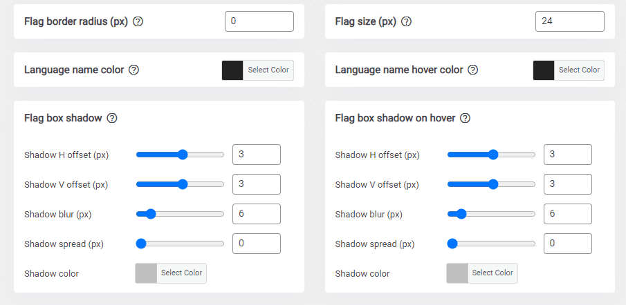 Customization options for flag boxes including colors and shadows.