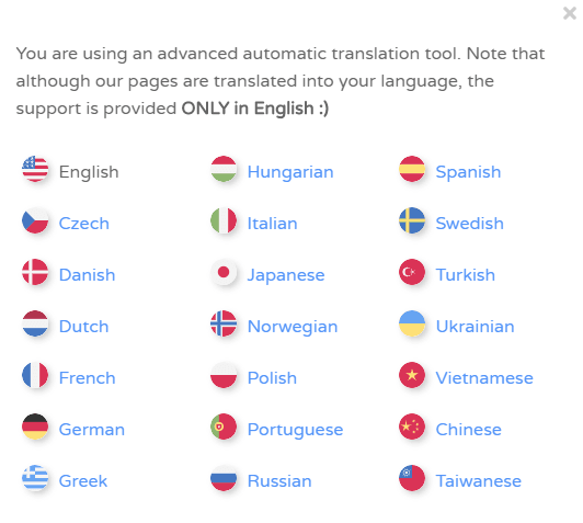A list of languages supported by a translation tool