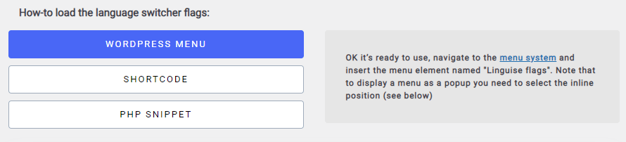 methods to load language switcher flags, wordpress menu, shortcode, php snippet