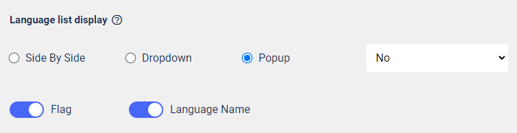 Settings for displaying language list. Options include Flag and Language Name.