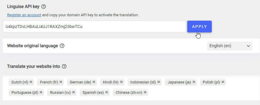 Translation settings for a website