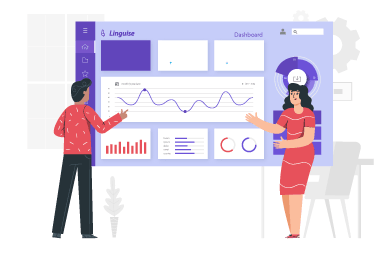 Two people analyzing and presenting business data
