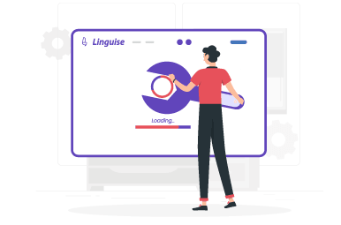 Man interacting with Linguise translation interface. Loading animation on screen.