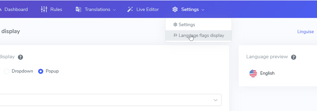 A screenshot showing a dropdown menu for selecting language settings with options for English.