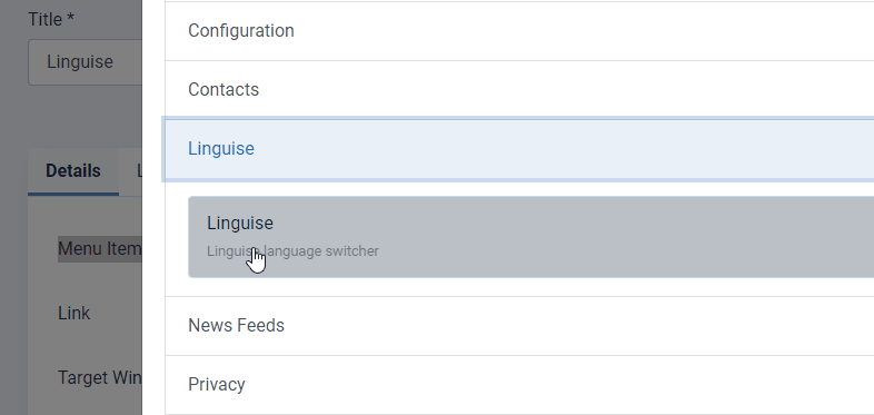 Linguase configuration menu with contacts and news feeds.