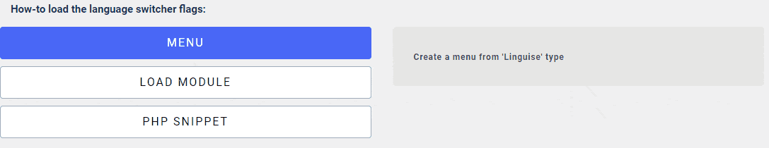 A screenshot showing installation options for a language switcher including a menu, load module, and PHP snippet.