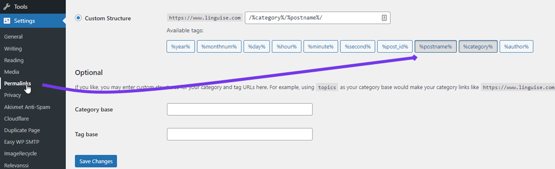 Settings page for ecommerce website with menu.