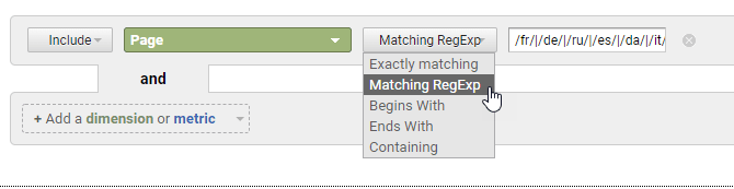A dropdown menu for matching regexp options