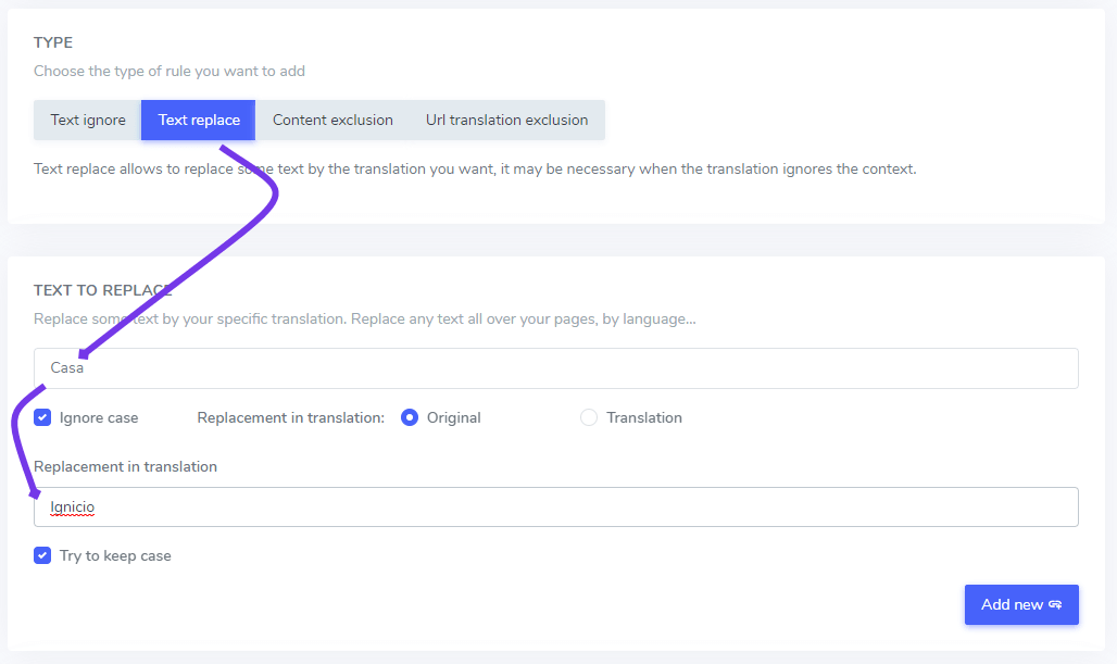 Screenshot of translation editor with text input field