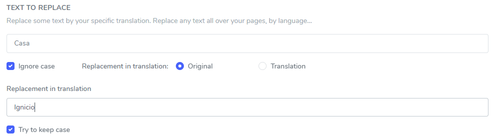 Translation options for replacing text