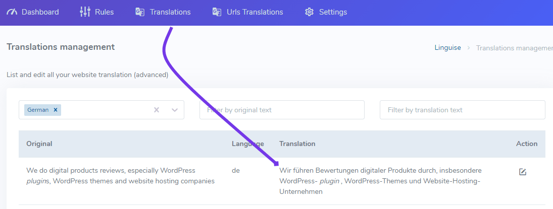 Translators management dashboard screenshot. Manage all your translation projects.