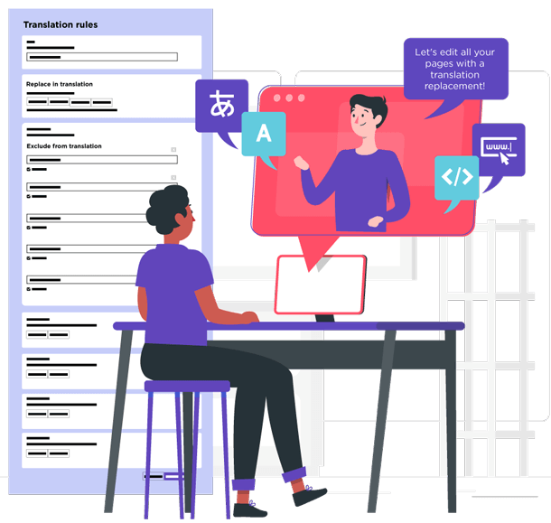 Illustration of a man showing data on a computer. A graphic with icons and symbols surrounds him.