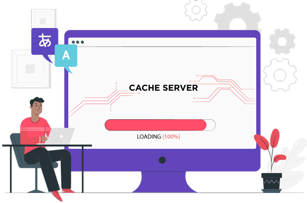 An illustration of a cache server in action. A person sitting at a desk with a laptop next to a large computer monitor.