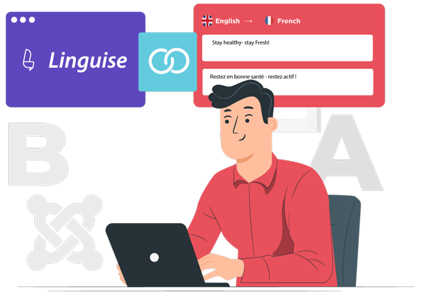 Man using laptop with translation software on screen. Language translation interface.