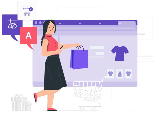 A woman holding a shopping bag in front of a large computer screen displaying an online store. The screen shows a t-shirt and other items for sale.