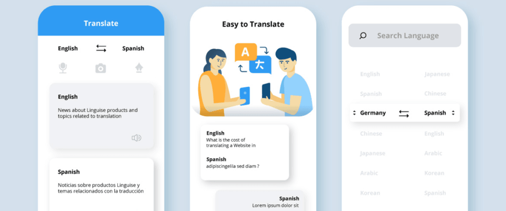 Wireframes of mobile app screens for user interface