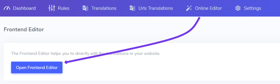 Frontend Editor page with blue top menu