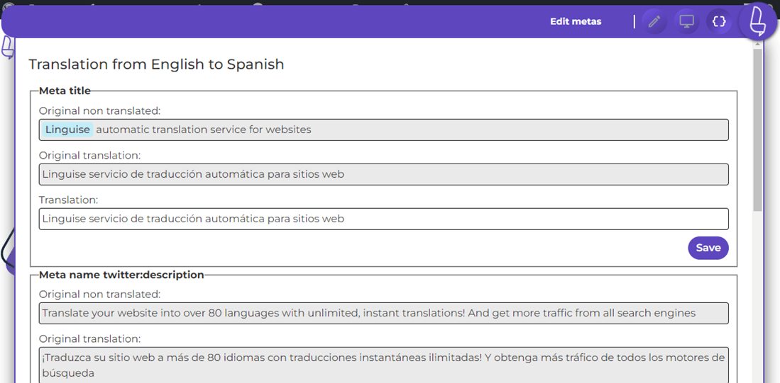 Translation interface from English to Spanish. User can input text.