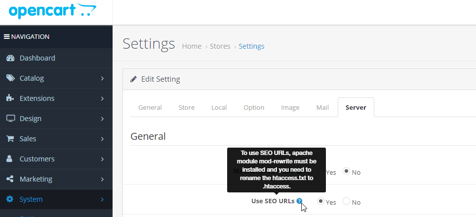 OpenCart settings general page