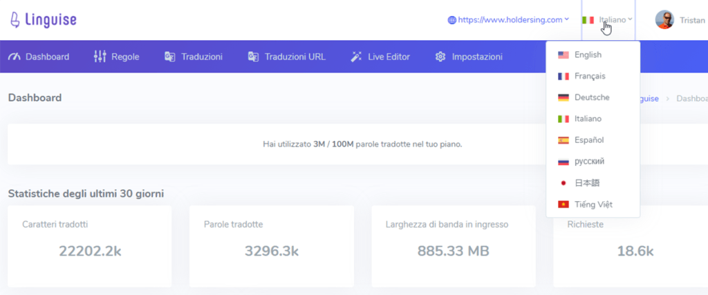 Lingplate dashboard screenshot. Various statistics displayed.