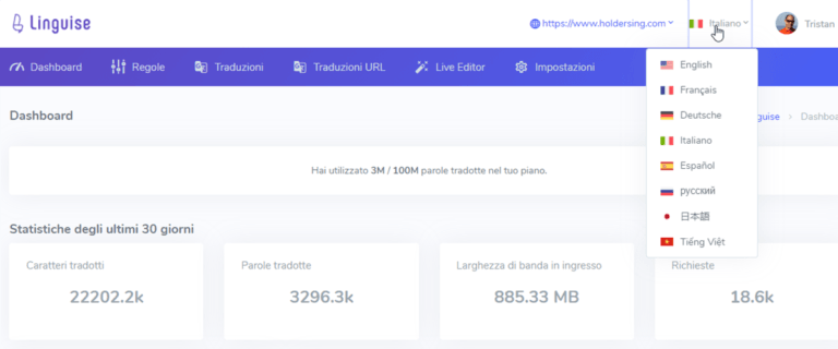 Lingplate dashboard screenshot. Various statistics displayed.