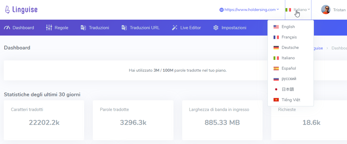 Lingplate dashboard screenshot. Various statistics displayed.