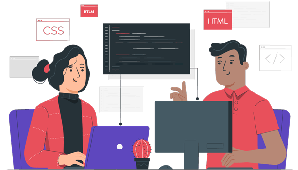 Two developers sitting at desks with computer screens. They appear to be working on coding projects.