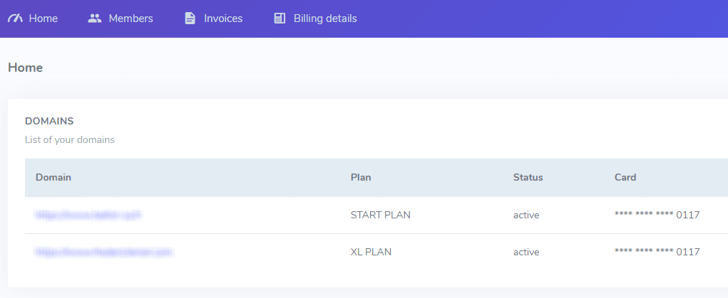 User dashboard with list of domains
