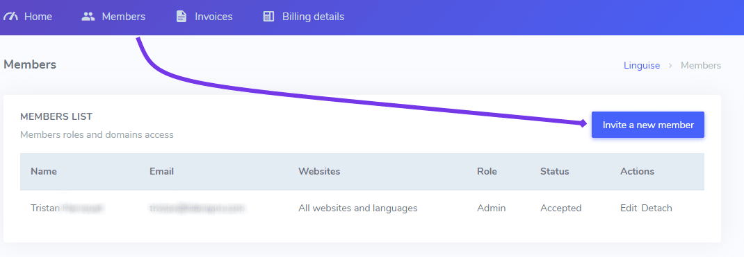 Membership list page with graph and table