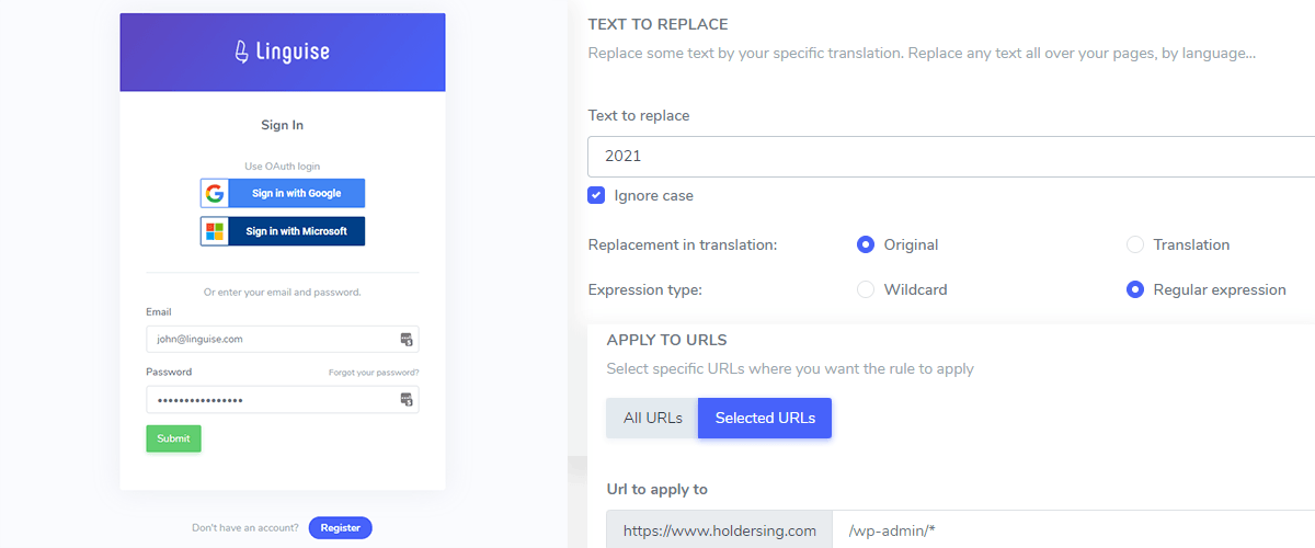 Screenshot of a mobile app with text replacement options. The app has a login screen and a settings page with text fields.
