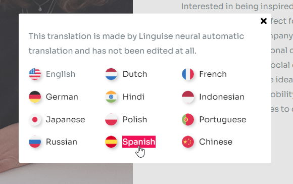 Computer screen showing various language options. The languages include English, Dutch, French, and more.