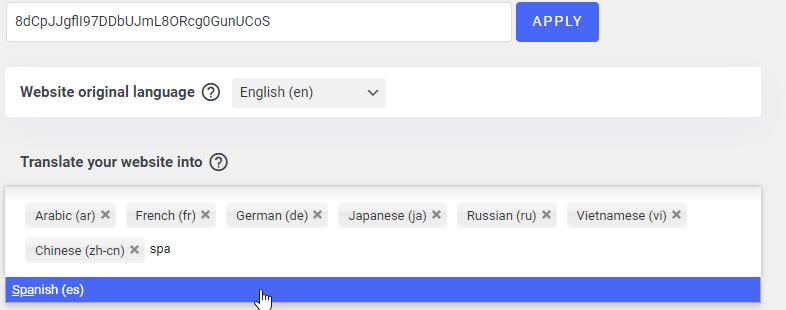Translation options for a website