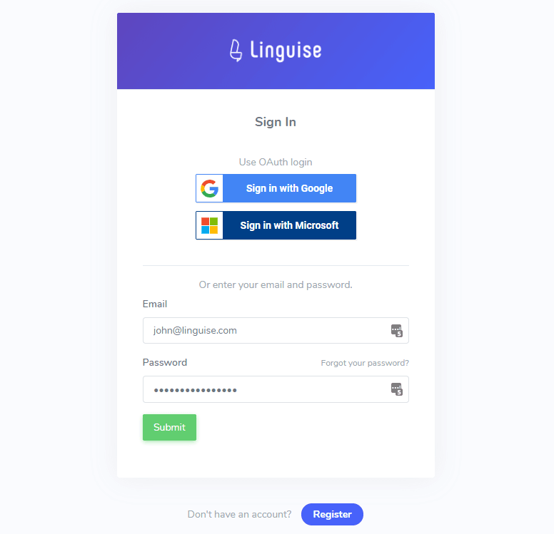 Lingua.ly sign up page, create an account