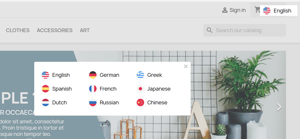 A dropdown menu for selecting languages on a website. The menu includes options for English, German, Greek, Spanish, French, Japanese, Dutch, Russian, and Chinese.